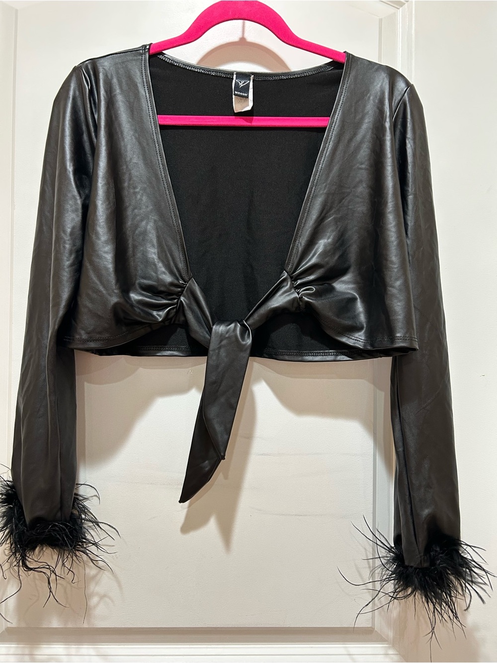 Windsor Black Faux Leather Tie-Front Cropped Top with Feather Cuffs